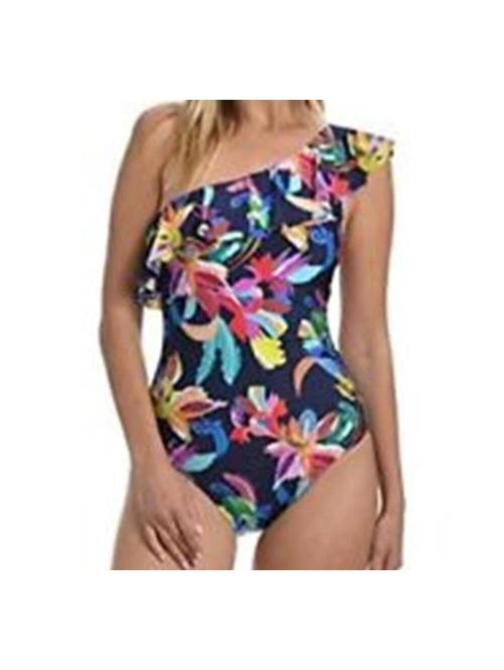 540 La Blanca By The Sea One tummy Control Shoulder Ruffle Mio NAVY FLORAL 4 new